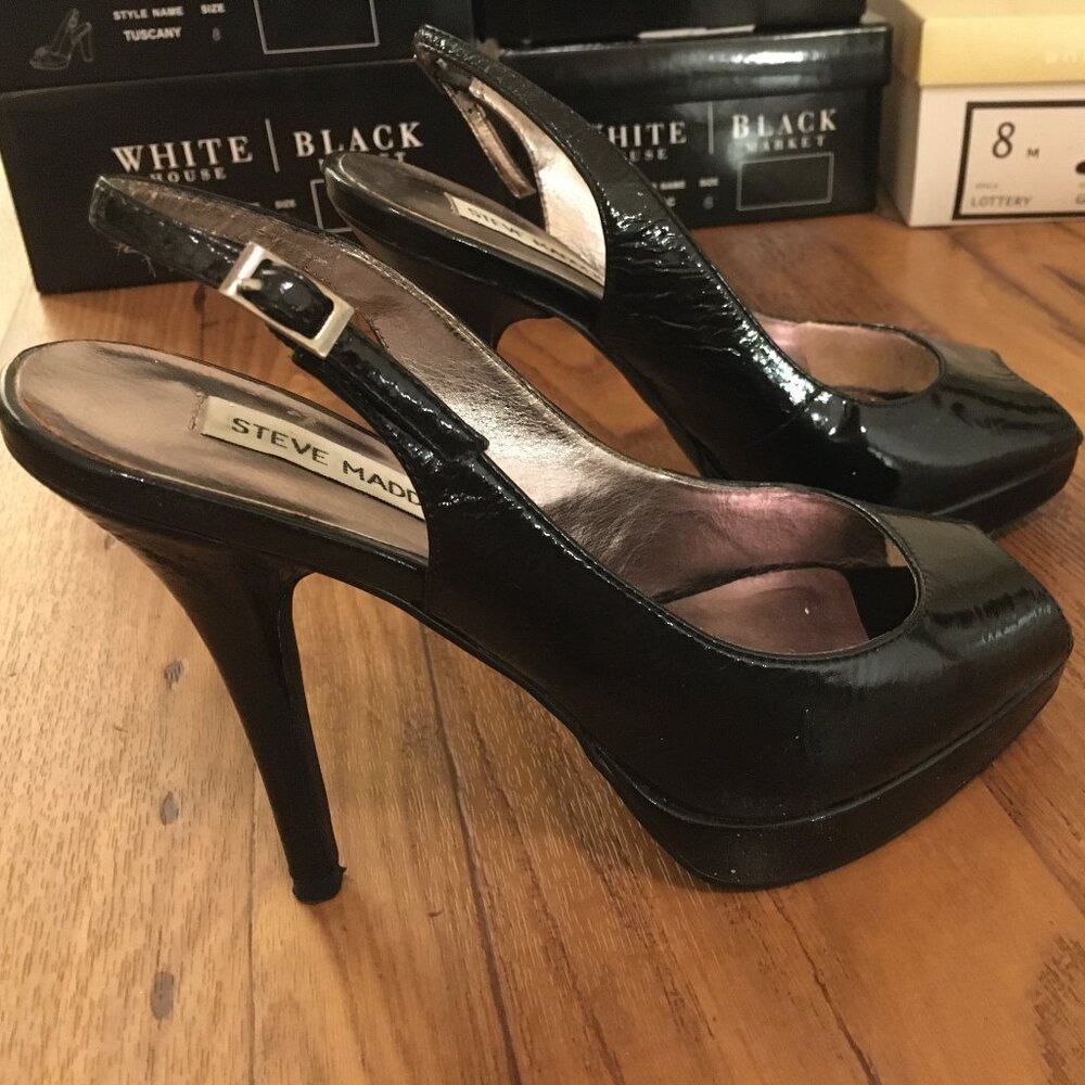 Steve Madden Kesha Black Patent Slingback Peeptoe Heel - Size 8